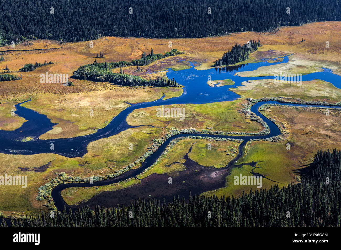 Canada, British Columbia, aerial photography, Bowron River marsh, Bowron Lake Park, Stock Photo
