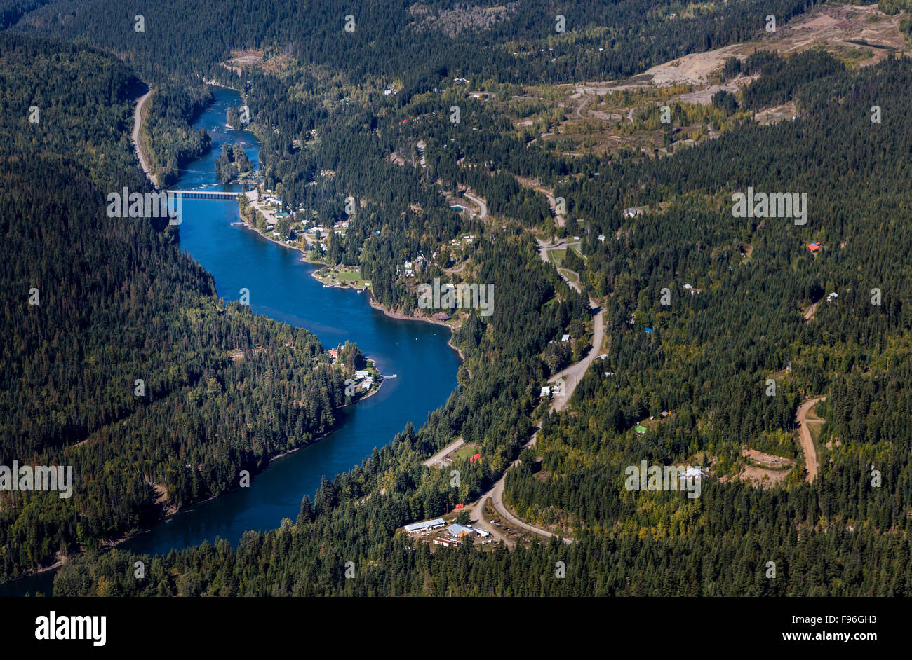 aerial photography, Quesnel River and the town of Likely, Canada