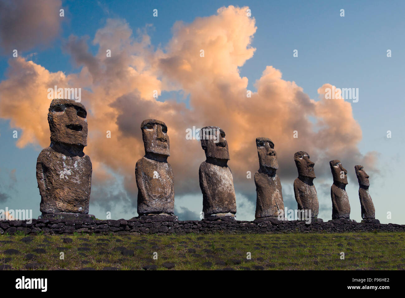 Ceremonial moai, Akivi, Easter Island Stock Photo