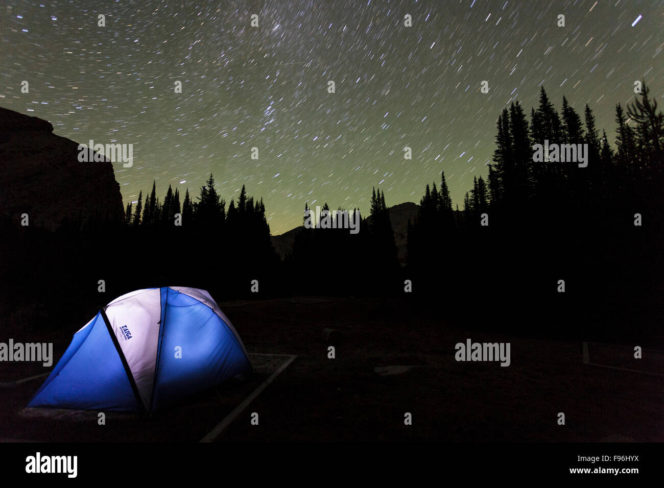 Camping under the stars at Baker Lake in the Skoki wilderness area of Banff National Park,Alberta, Canada. Stock Photo