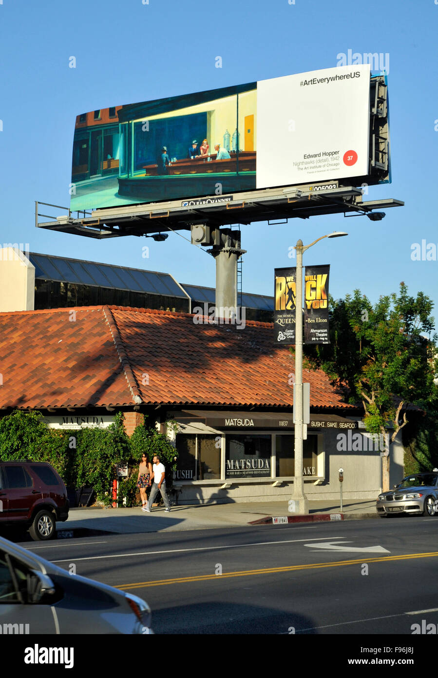 An Edward Hopper fine art painting is reproduced on a billboard in Los Angeles, California during the Art Everywhere event. Stock Photo