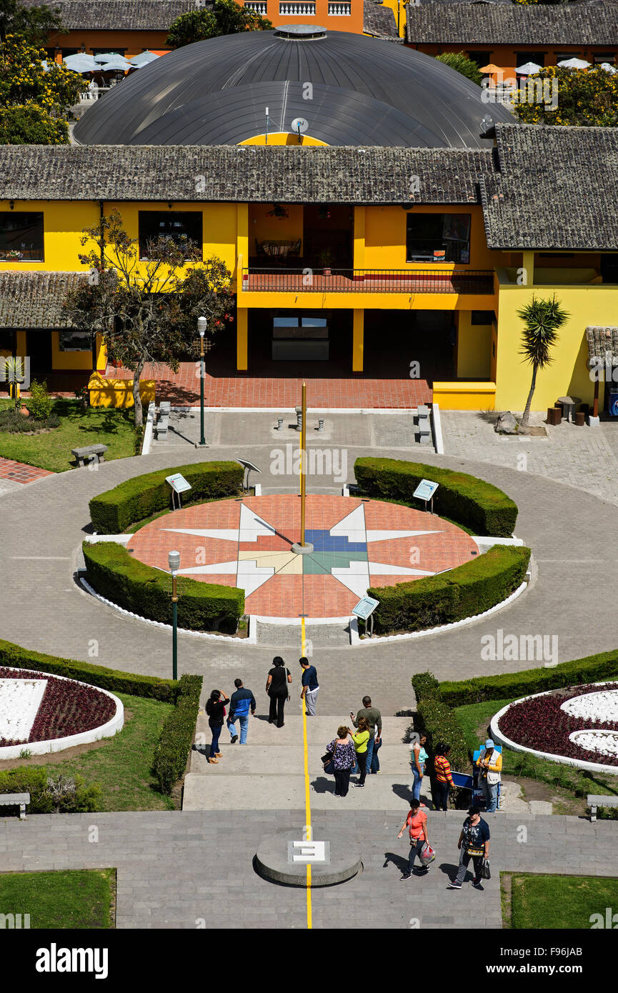 Yellow equator line and Chakana cross, Ciudad Mitad del Mundo, city of the center of the world, San Antonio de Pichincha Stock Photo