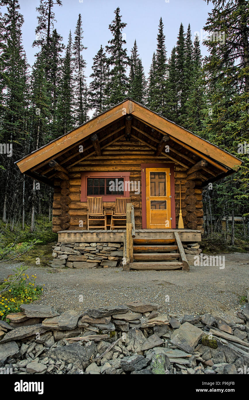 A rustic guest cabin on the shore of Lake O'Hara in Yoho National Park, British Columbia, Canada. No Property Release Stock Photo