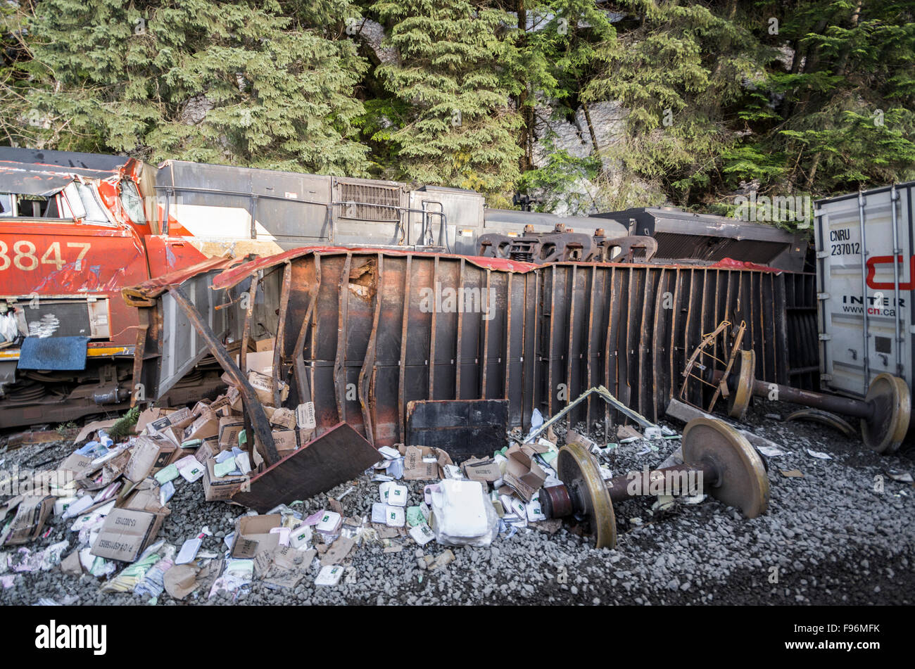 Freight train derailment that occured in British Columbia, Canada Stock Photo