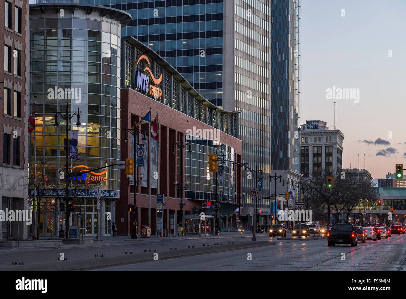 Portage Avenue and MTS Centre, Downtown Winnipeg, Manitoba, Canada. Stock Photo