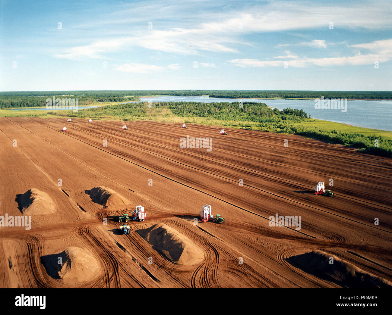 peat harvesting, Cascumpec Bay, Prince Edward Island, Canada Stock