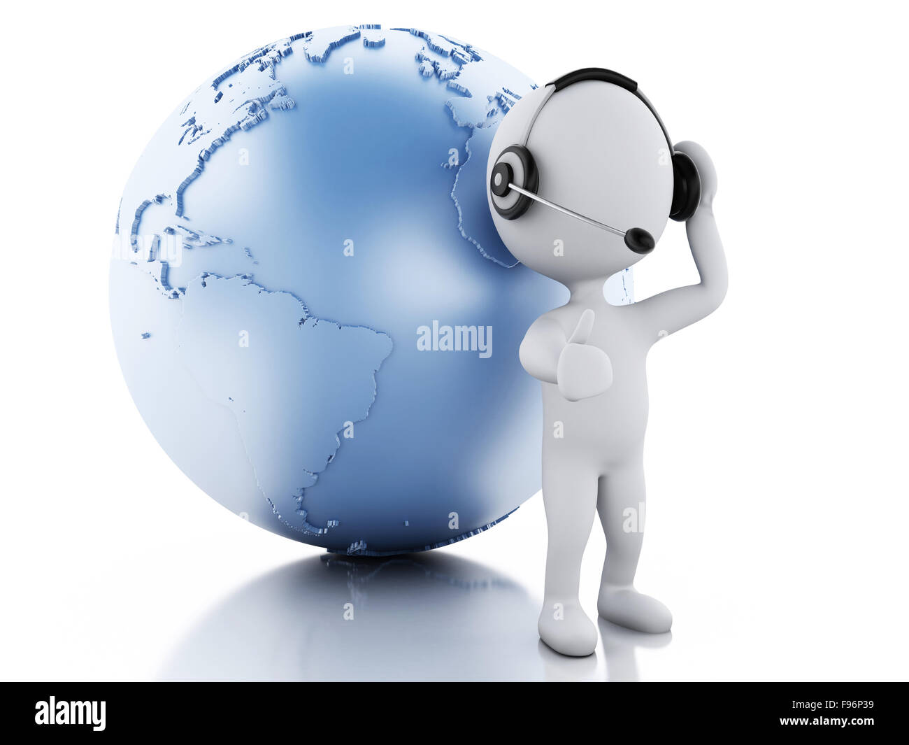3d illustration. White people with headphones and earth globe. Global communication concept, isolated white background Stock Photo