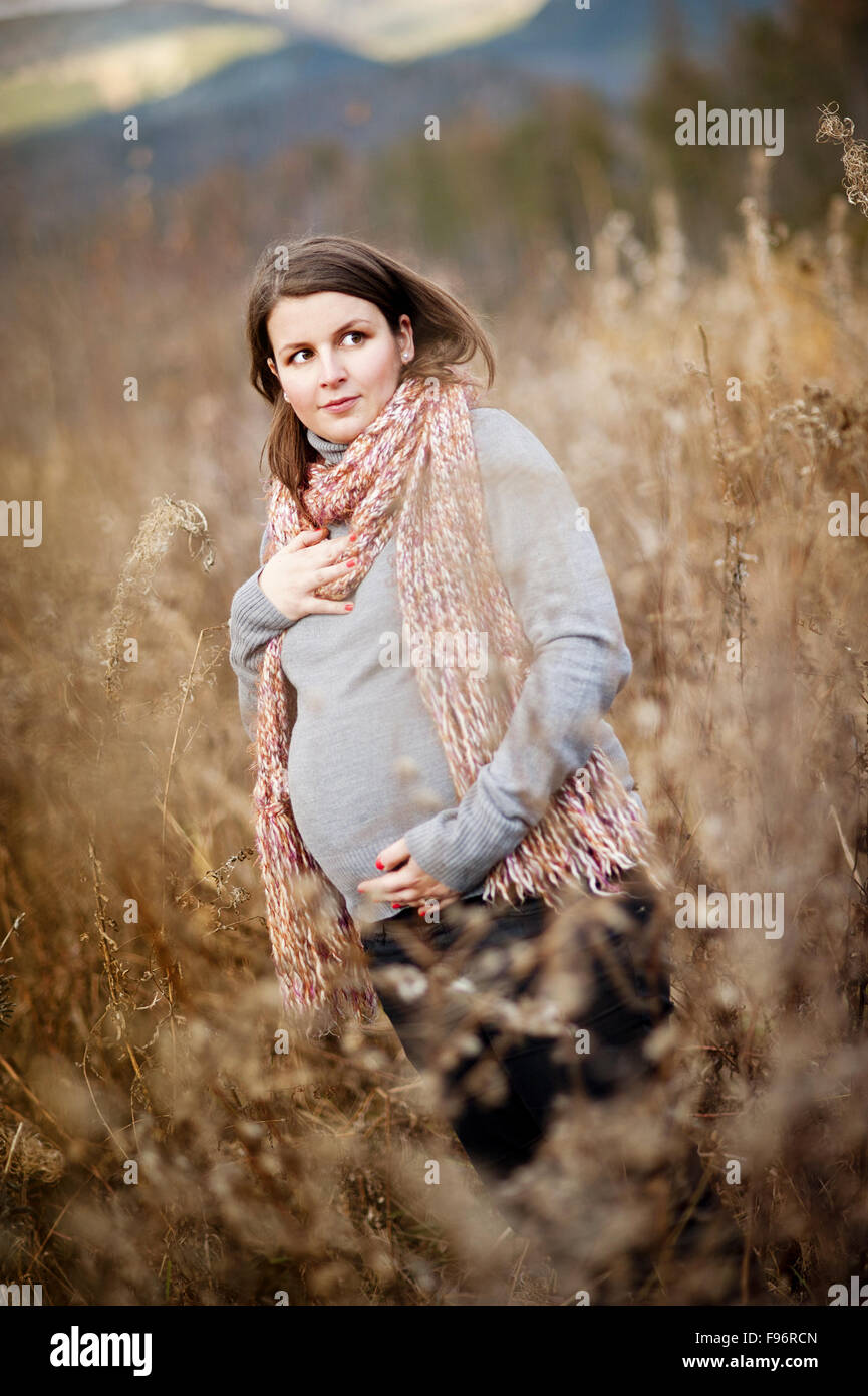 Beautiful outdoor pregnant woman portrait in autumn nature Stock Photo ...