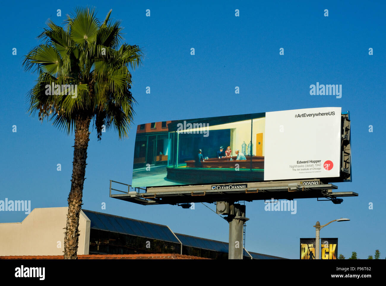 An Edward Hopper fine art painting is reproduced on a billboard in Los Angeles, California during the Art Everywhere event. Stock Photo