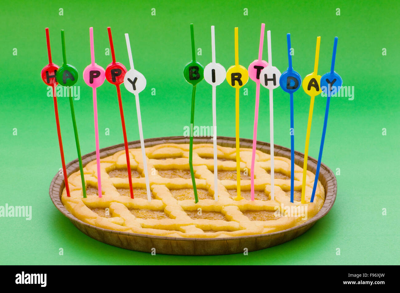 Happy birthday candles in the pie Stock Photo Alamy