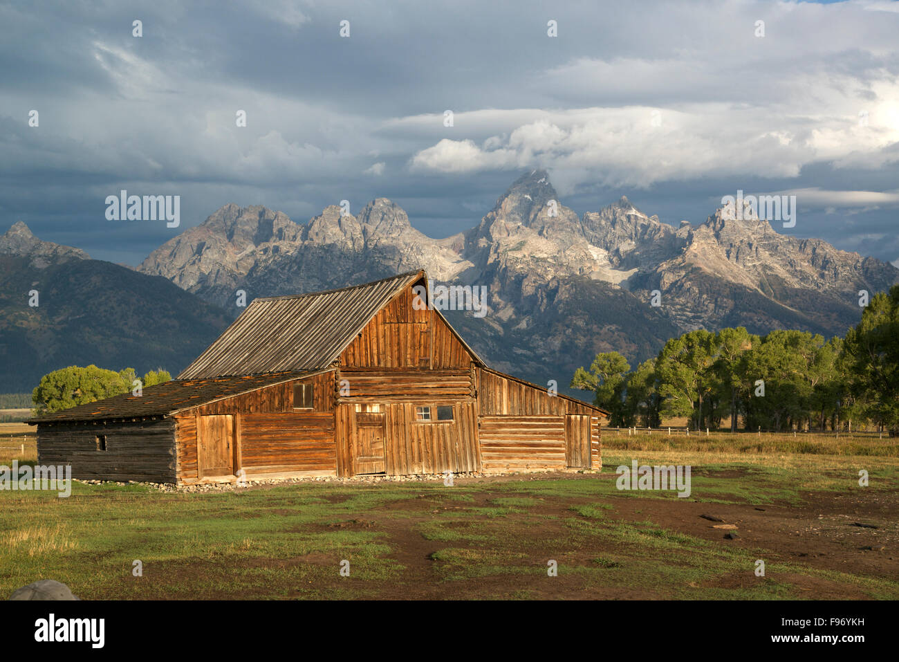 Norman Row Barn with Grand Teton Mountain Range in background, Grand Teton National Park, WY, USA Stock Photo