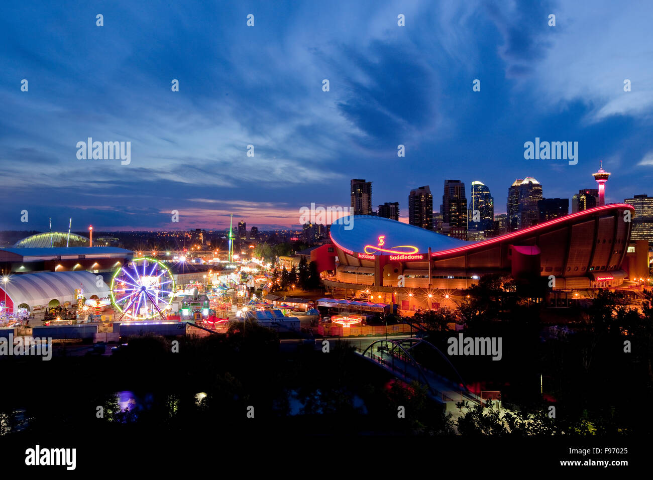 Calgary Stampede grounds and Calgary skyline, Calgary, Alberta, Canada. Stock Photo