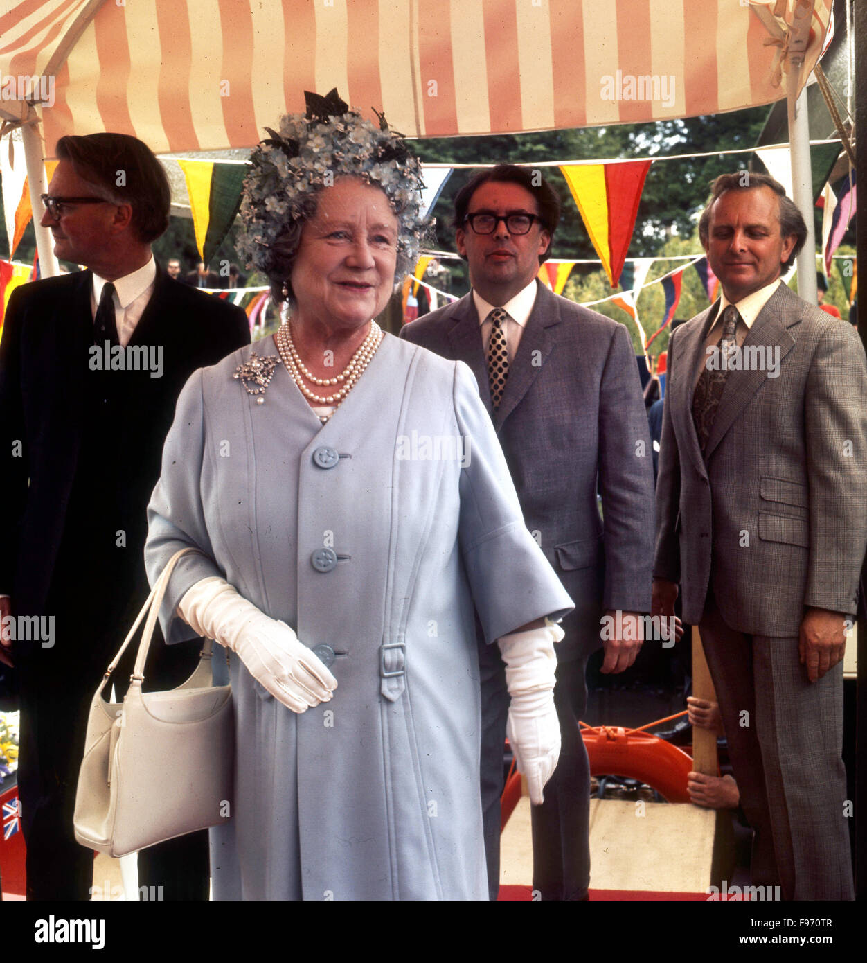 The Upper Avon canal was officially reopened by HM Queen Elizabeth the Queen Mother on June 1st 1974. With her are Robert Aickman David Hutchings and Crick Grundy. Stock Photo