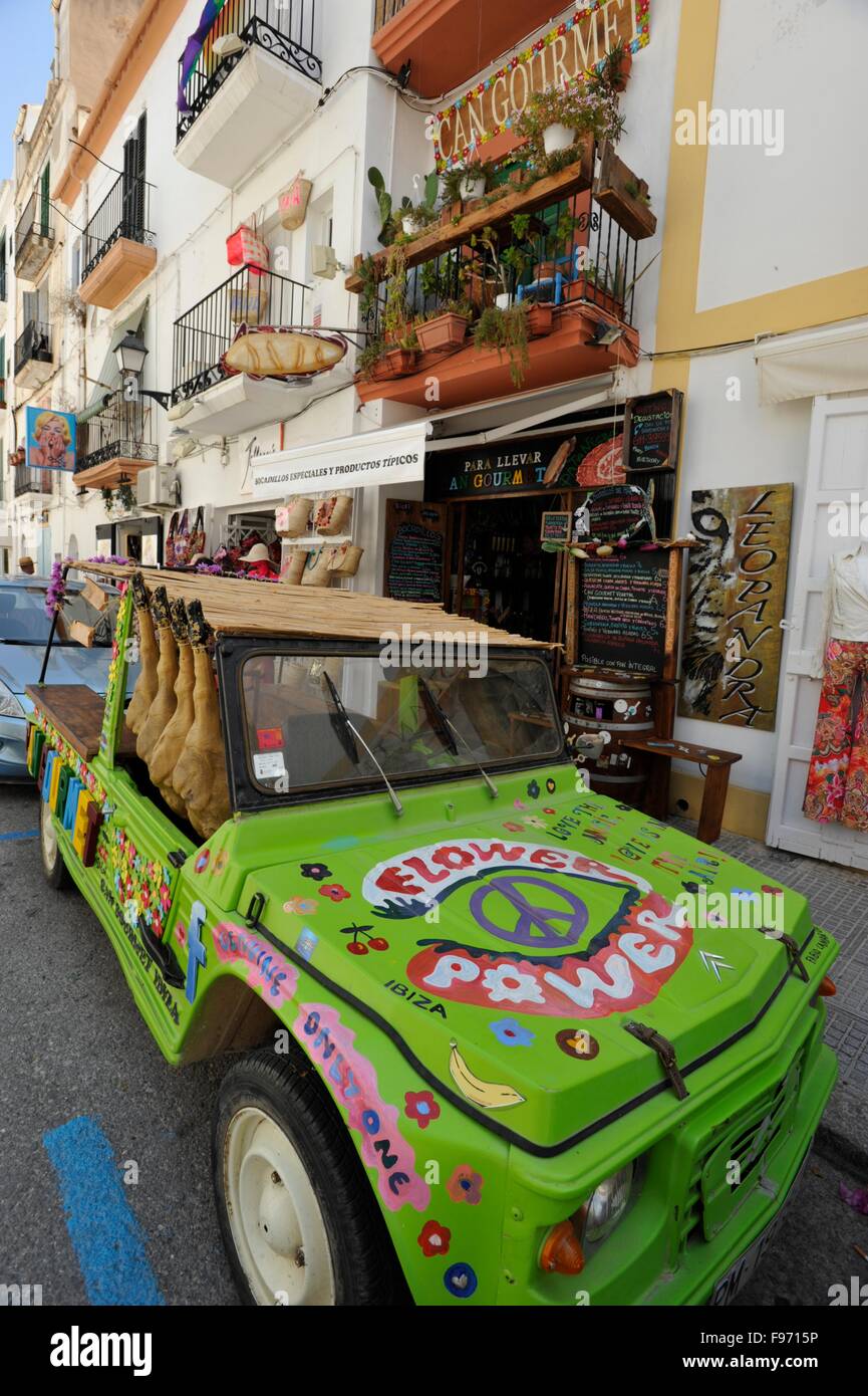 Flower power van promoting Palma ham on the bone Ibiza D'Eivissa Balearic Stock Photo