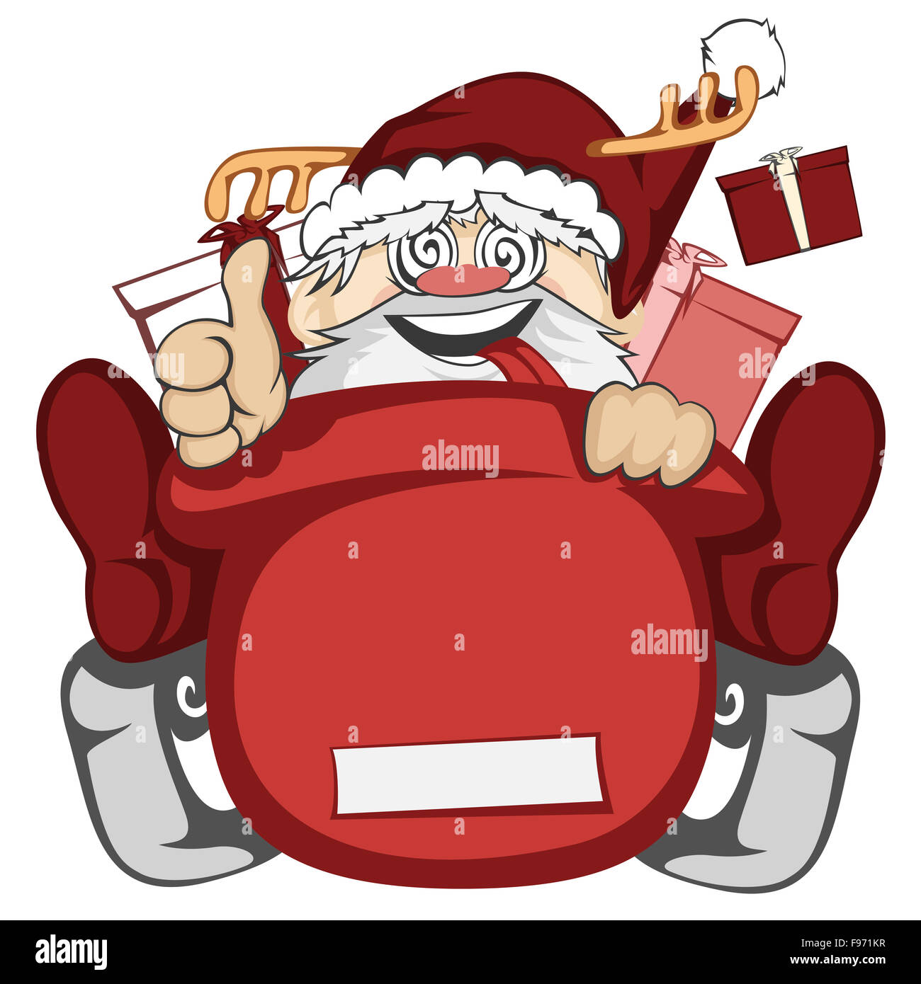 Santa Claus in action - Santa sleigh is out of control (crazy Santa with deer antler) Stock Photo