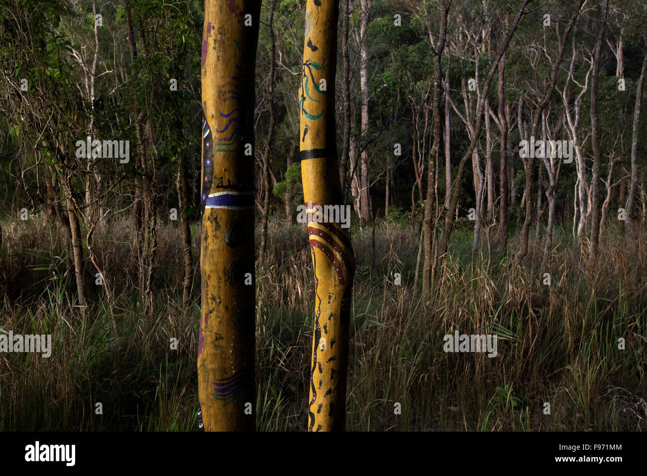Totems placed by the Butchulla people, the indigenous pleaple of Fraser Island, McKenzie Jetty,  Fraser Island, Australia Stock Photo