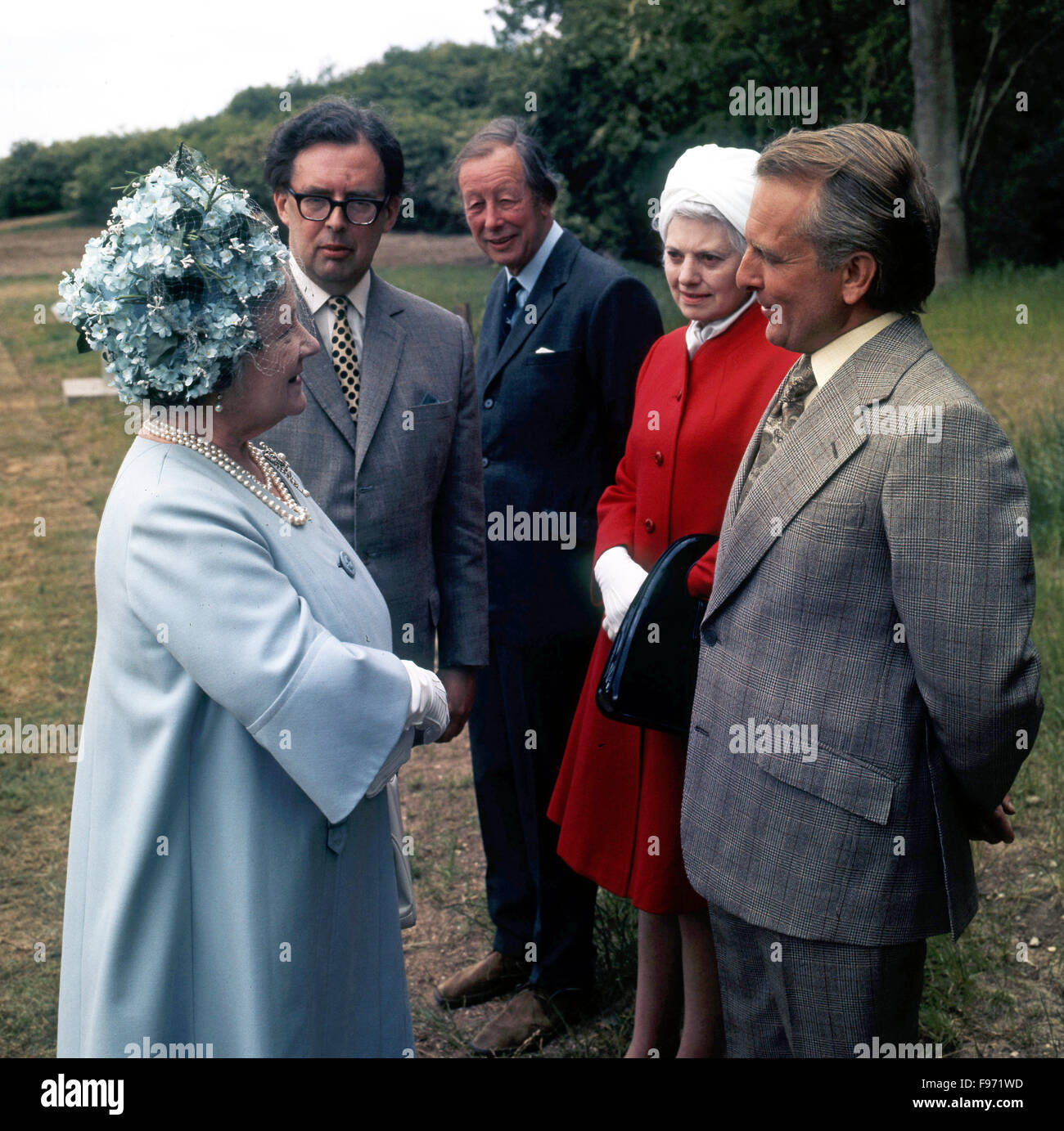The Upper Avon canal was officially reopened by HM Queen Elizabeth the Queen Mother on June 1st 1974. With her are Robert Aickman (left) and David Hutchings (right). Stock Photo