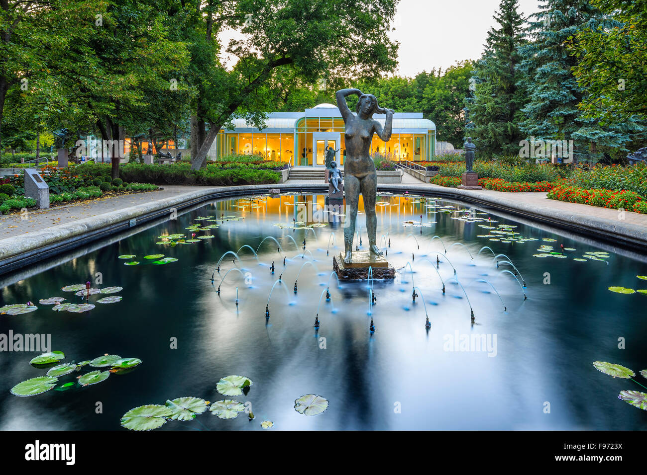 Lily pond in Leo Mol Sculpture Garden, Assiniboine Park, Winnipeg, Manitoba, Canada. Stock Photo