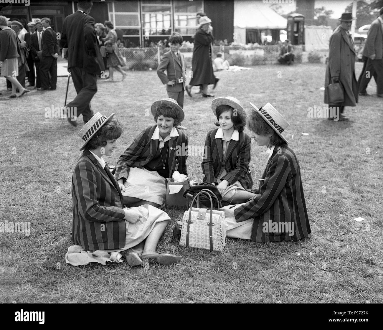 School girls wearing straw hats and uniform on a  day out at the Royal Agricultural Show in Stoneleigh 1963 Stock Photo