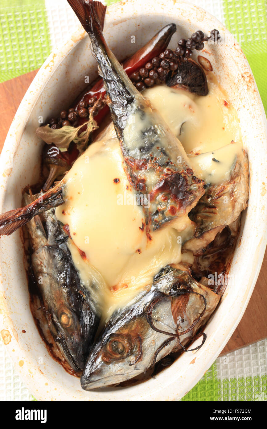 Pieces of oven baked mackerel with cream sauce Stock Photo Alamy