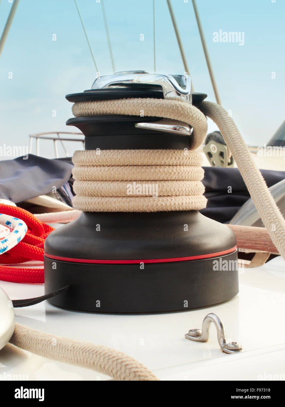 Rope cable winch detail on a yacht Stock Photo