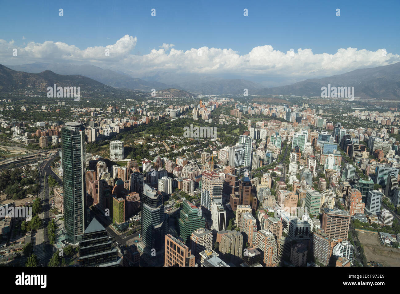 Panoramic city view from the Gran Torre Santiago in Santiago de Chile. Stock Photo