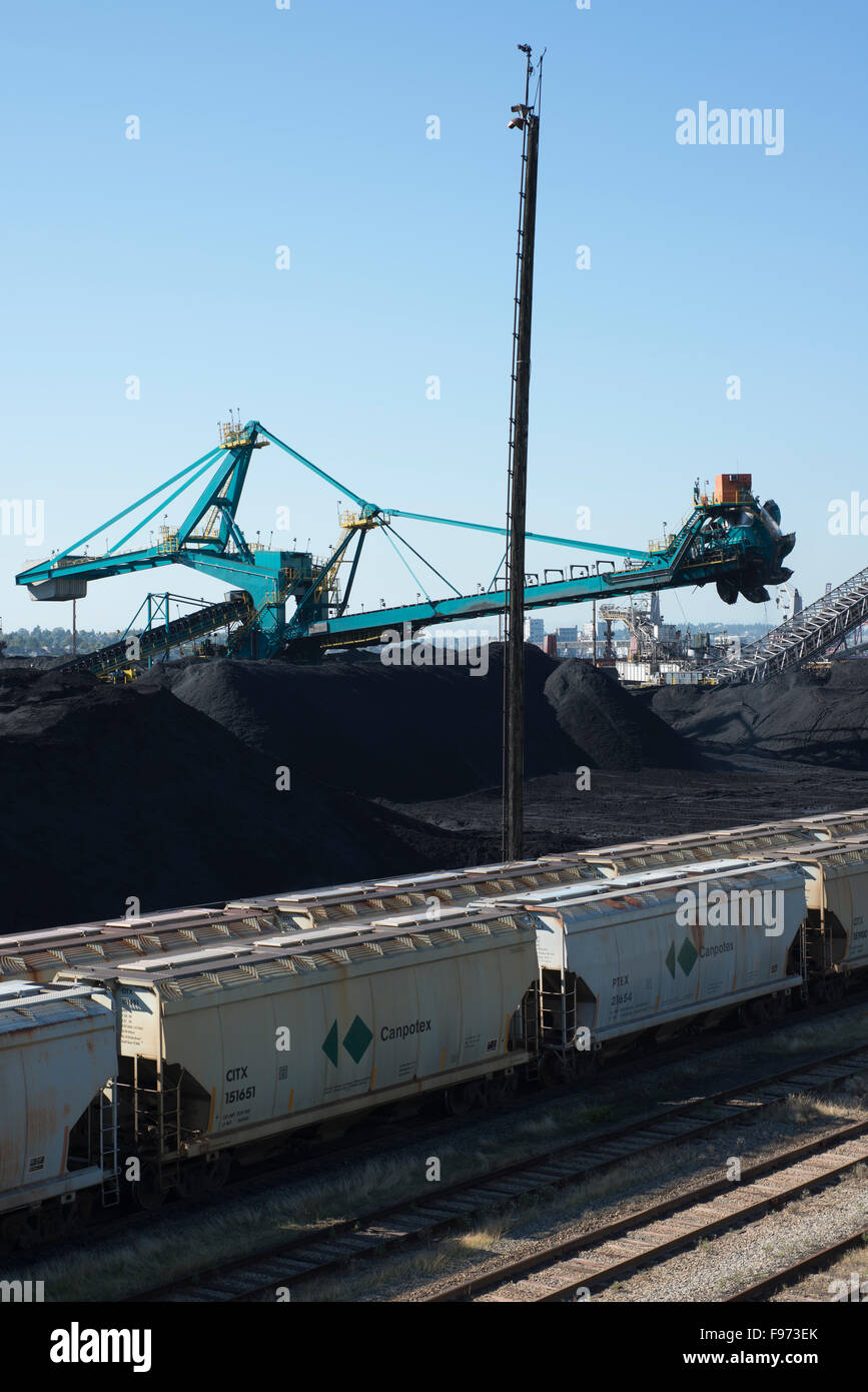 Coal transloading and potash train at Neptune Terminals, North Vancouver, British Columbia, Canada. Stock Photo
