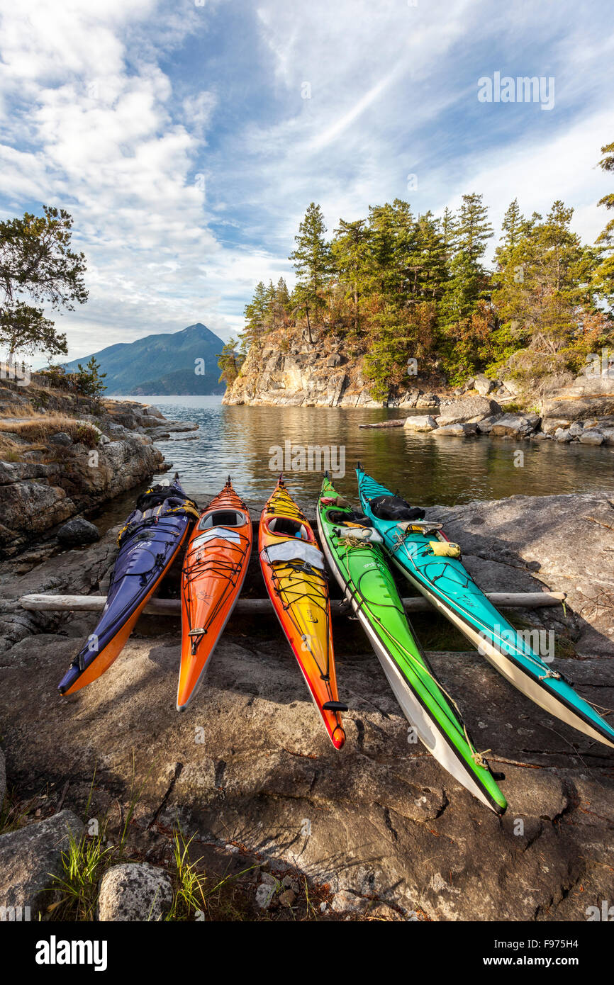 Kayaks rest just above the high tide mark on West Curme Island in
