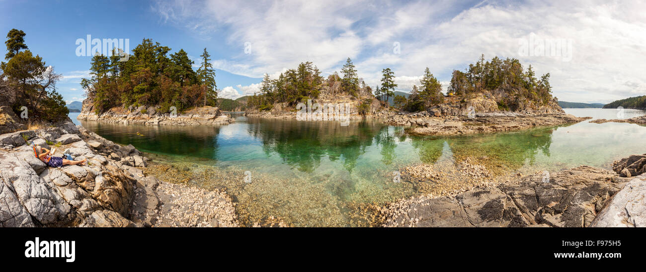 A digital panorama taken from West Curme looking towards East Curme Island at low tide. Desolation Sound Marine Park, British Stock Photo