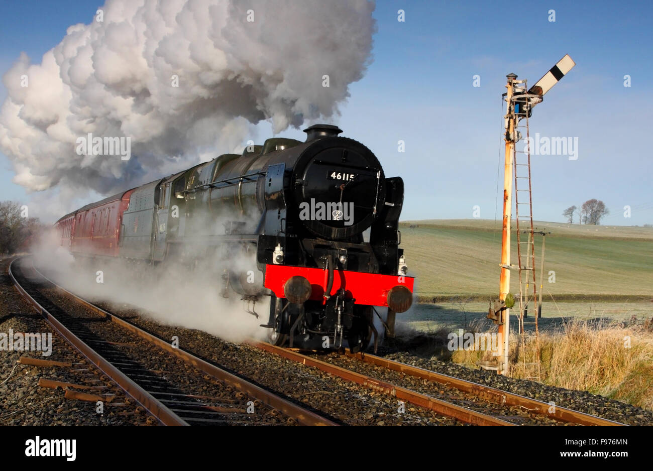 Scots Guardsman at full Steam through Hellifield, North Yorkshire, England Stock Photo