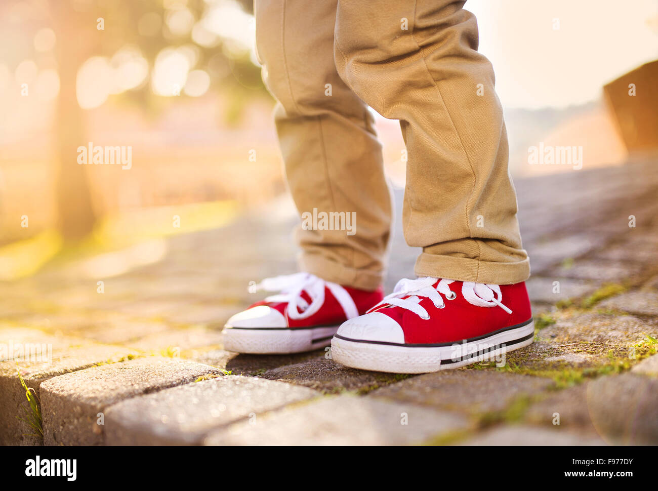 Close-up of little boy standing on tiled pavement in summer park Stock Photo