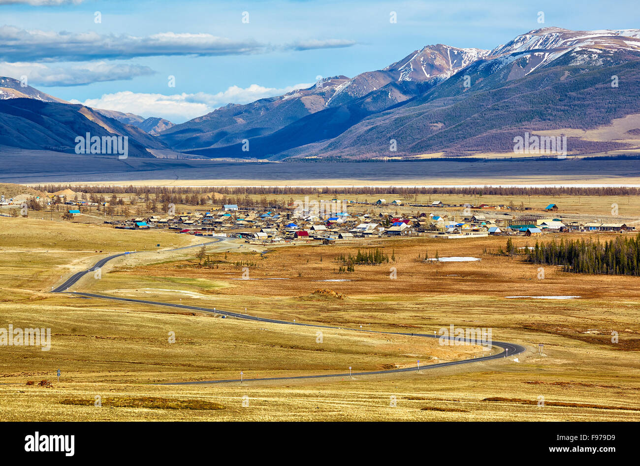 Altai landscape with village Kurai and federal road M52 - Chuisky Trakt Stock Photo