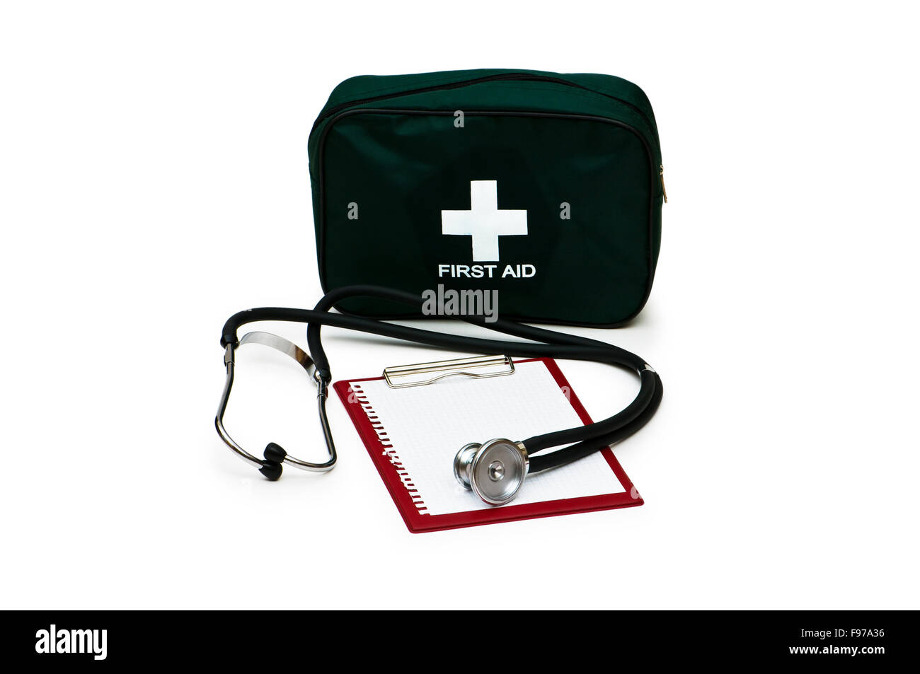 First aid kit, stethoscope and pad isolated on white Stock Photo Alamy