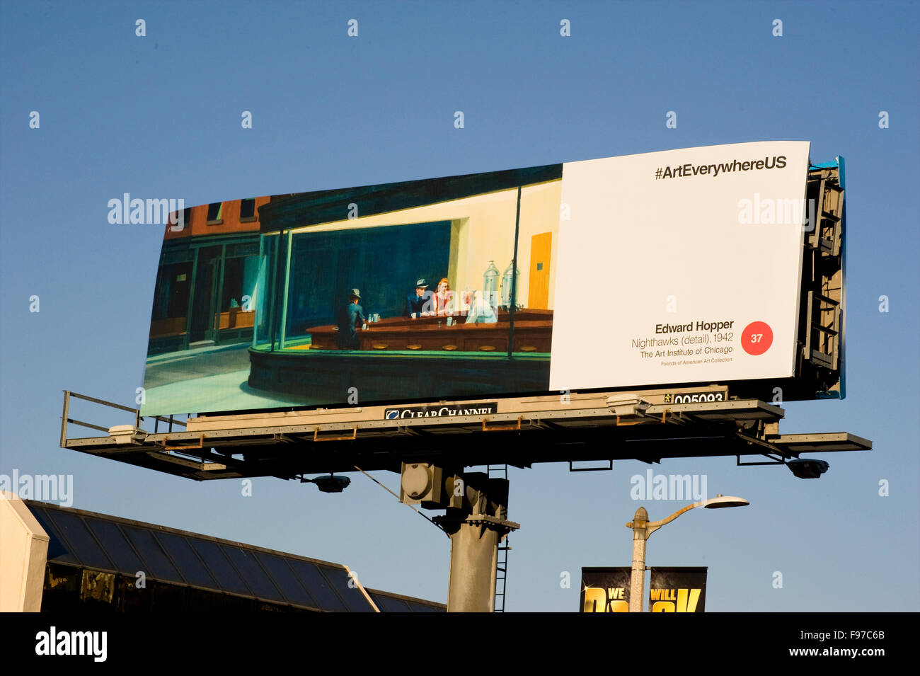 A fine art painting by Edward Hopper is reproduced on a large commercial billboard over Ventura Blvd. in the San Fernando Valley area of Los Angeles, California during the Art Everywhere event. Stock Photo