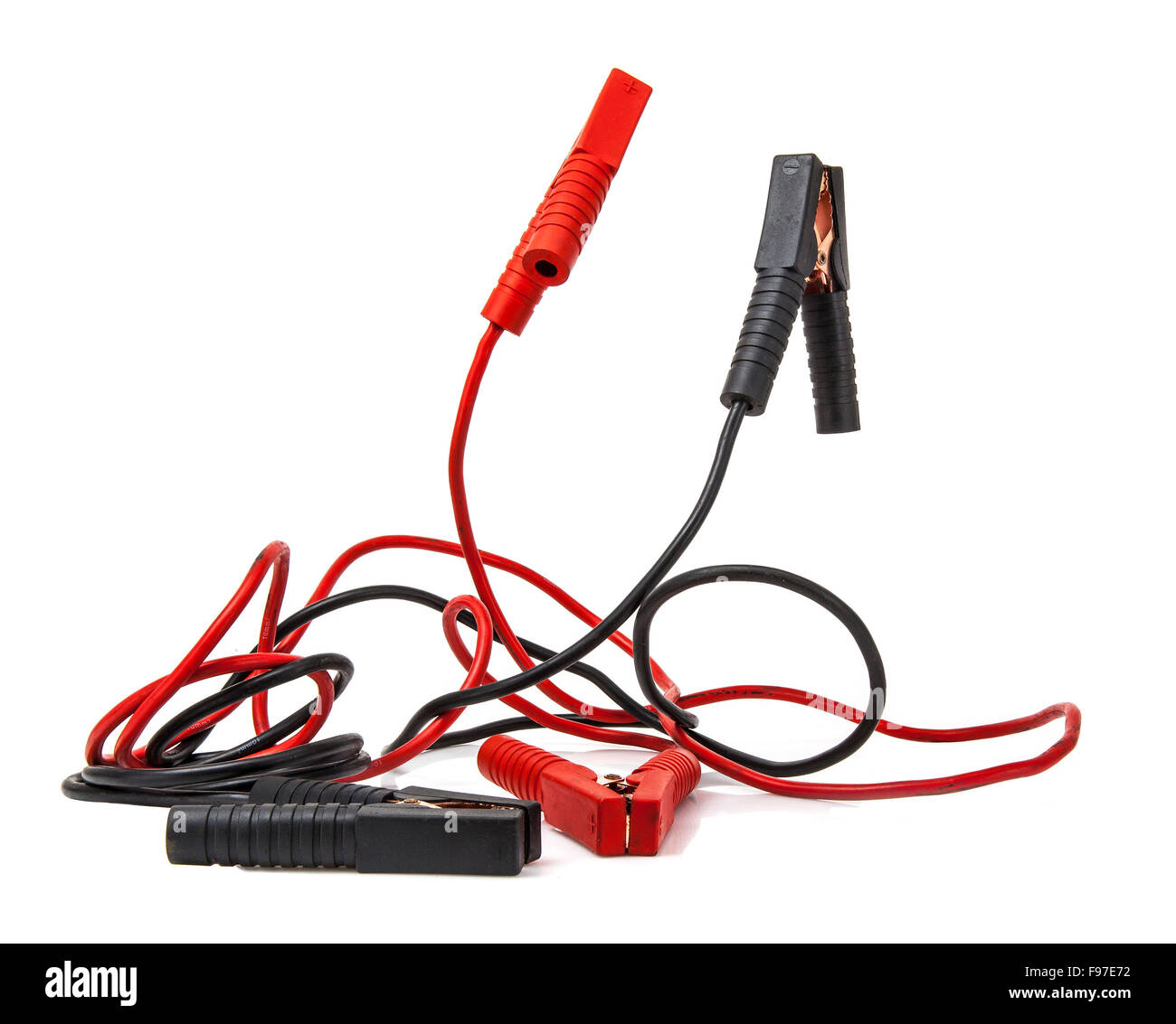Car battery jumper cables over white background Stock Photo
