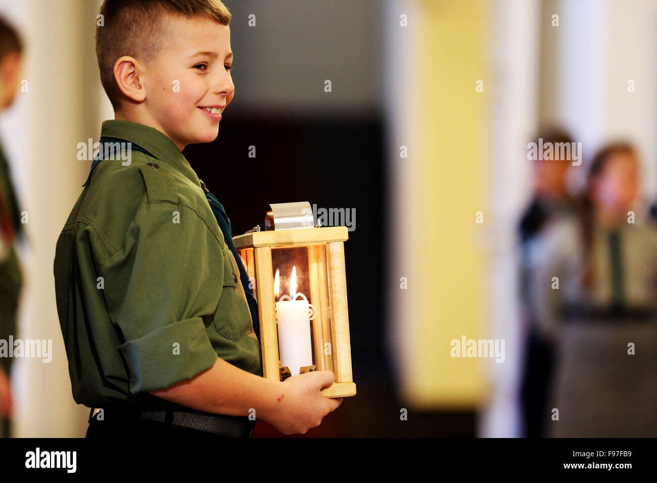 A Polish boy scout smiles during a ceremony in the Presidential Palace