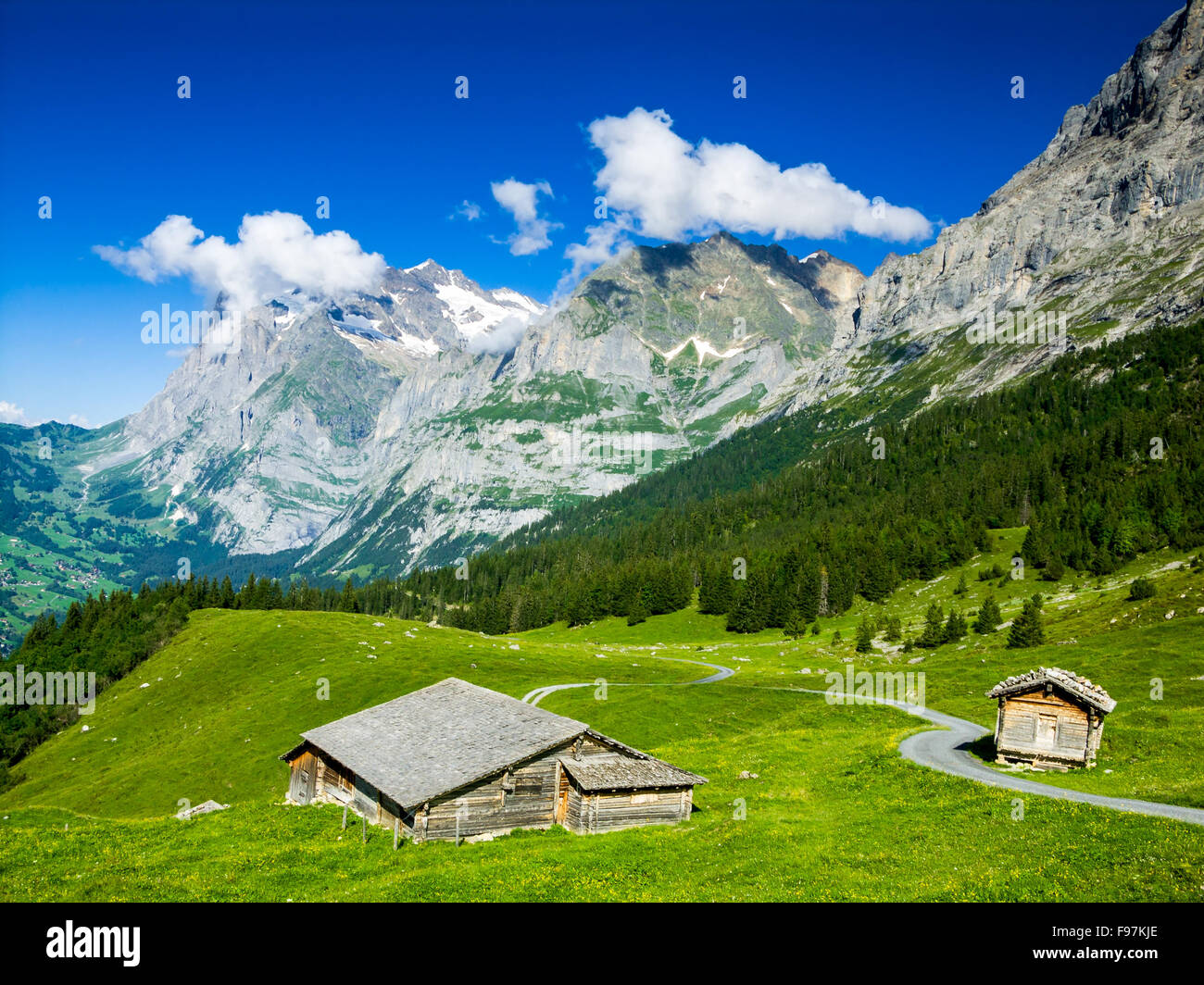 Alps scenery with Grindelwald Village in Berner Oberland, Switzerland, Swiss Stock Photo