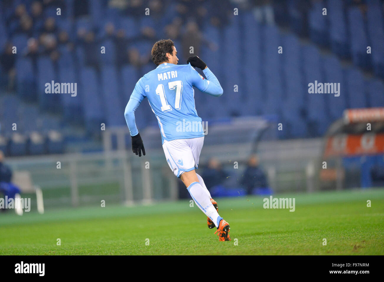 Rome, Italy. 14th December, 2015. Alessandro Matri celebrates after scoring a goal 1-0 with teammates during the Italian Serie A football match S.S. Lazio vs U.C. Sampdoria at the Olympic Stadium in Rome, on December 14, 2015. Stock Photo