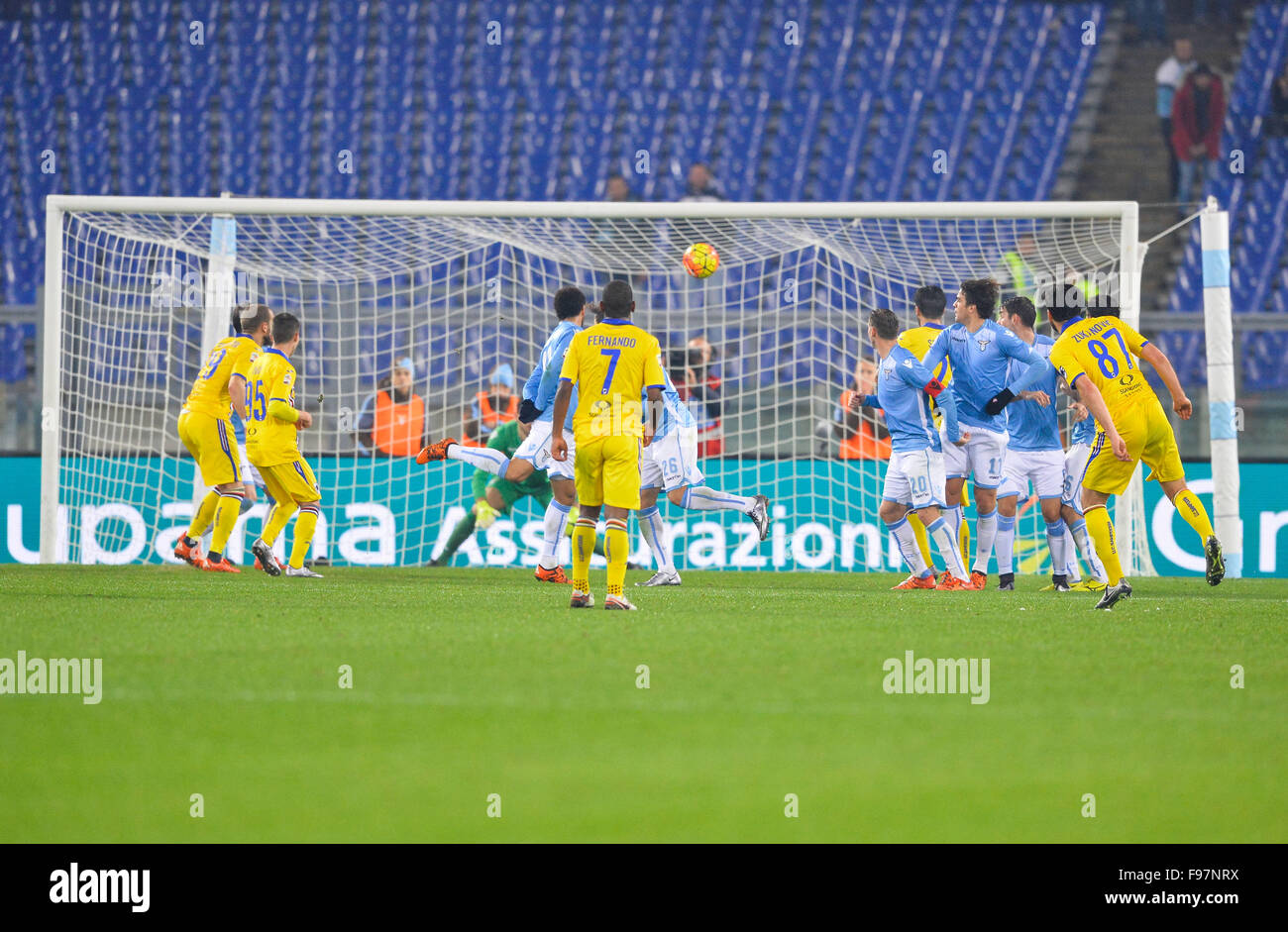 Rome, Italy. 14th December, 2015. Ervin Zukanovic kicks gol 1 -1 during the Italian Serie A football match S.S. Lazio vs U.C. Sampdoria at the Olympic Stadium in Rome, on December 14, 2015. Stock Photo