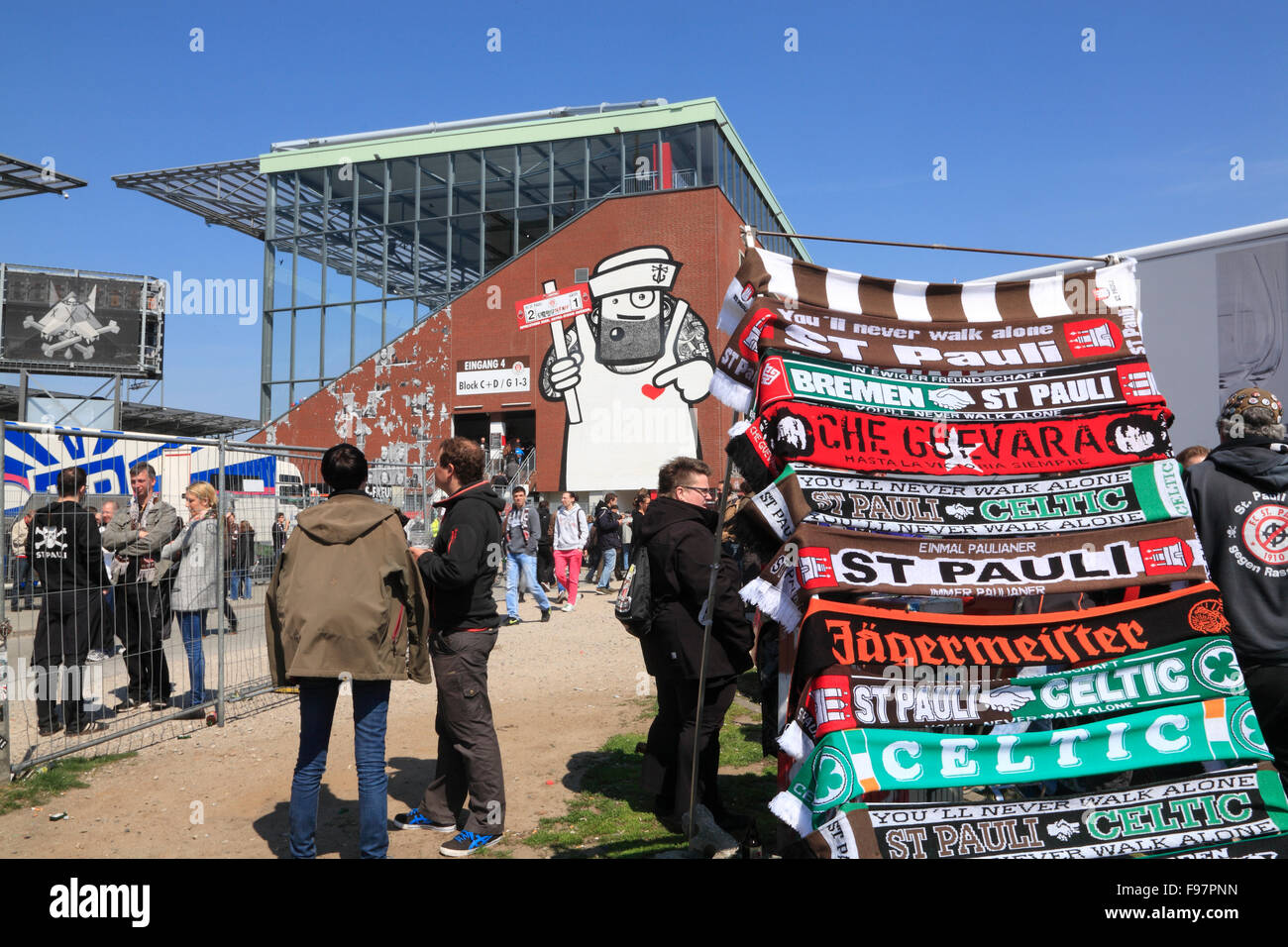 Selling football scarfs of FC St. Pauli football club at Millerntor Stadium, St.Pauli, Hamburg, Germany, Europe Stock Photo