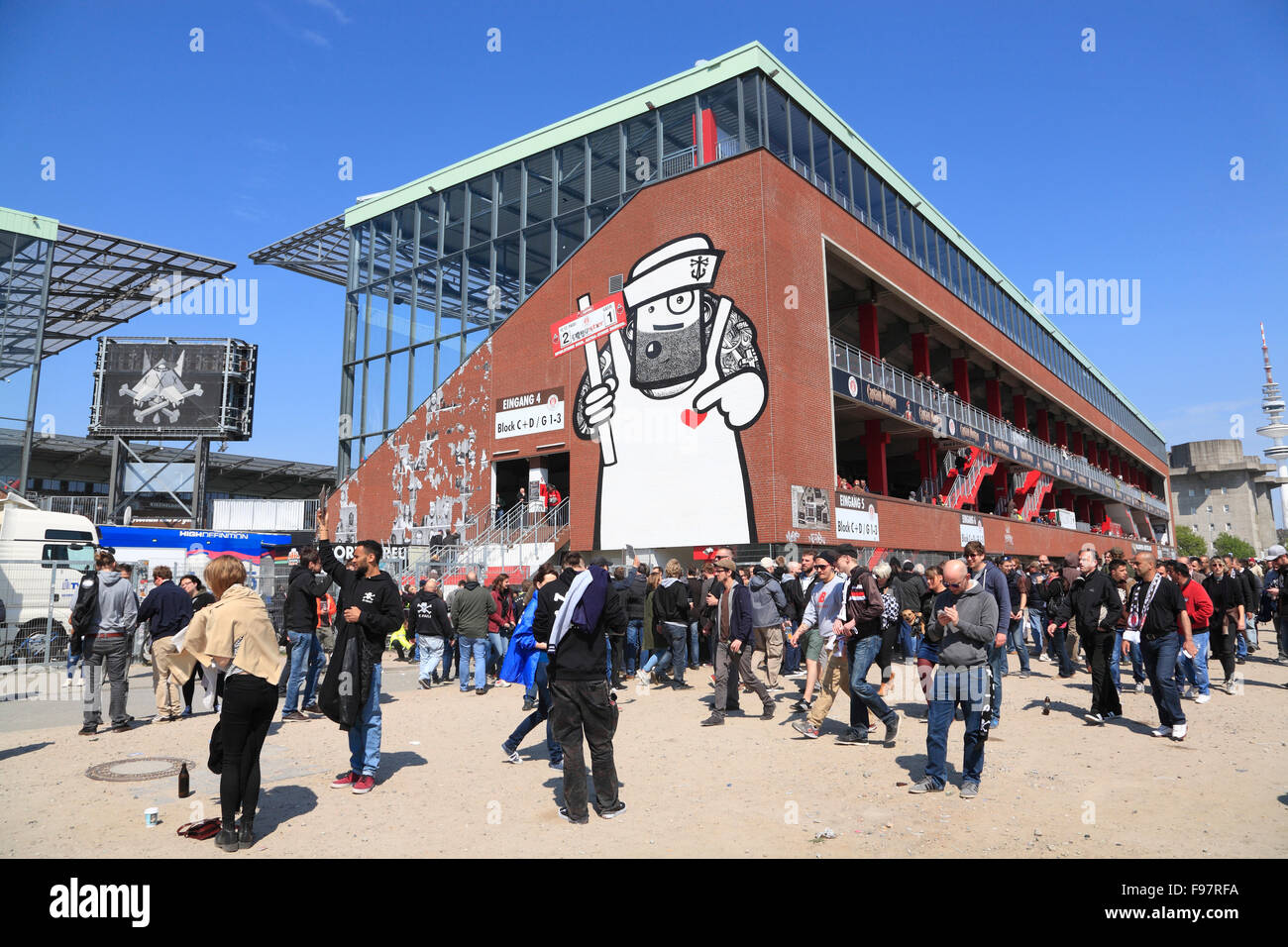 Fans of FC St. Pauli football club at Millerntor Stadium, St.Pauli, Hamburg, Germany, Europe Stock Photo