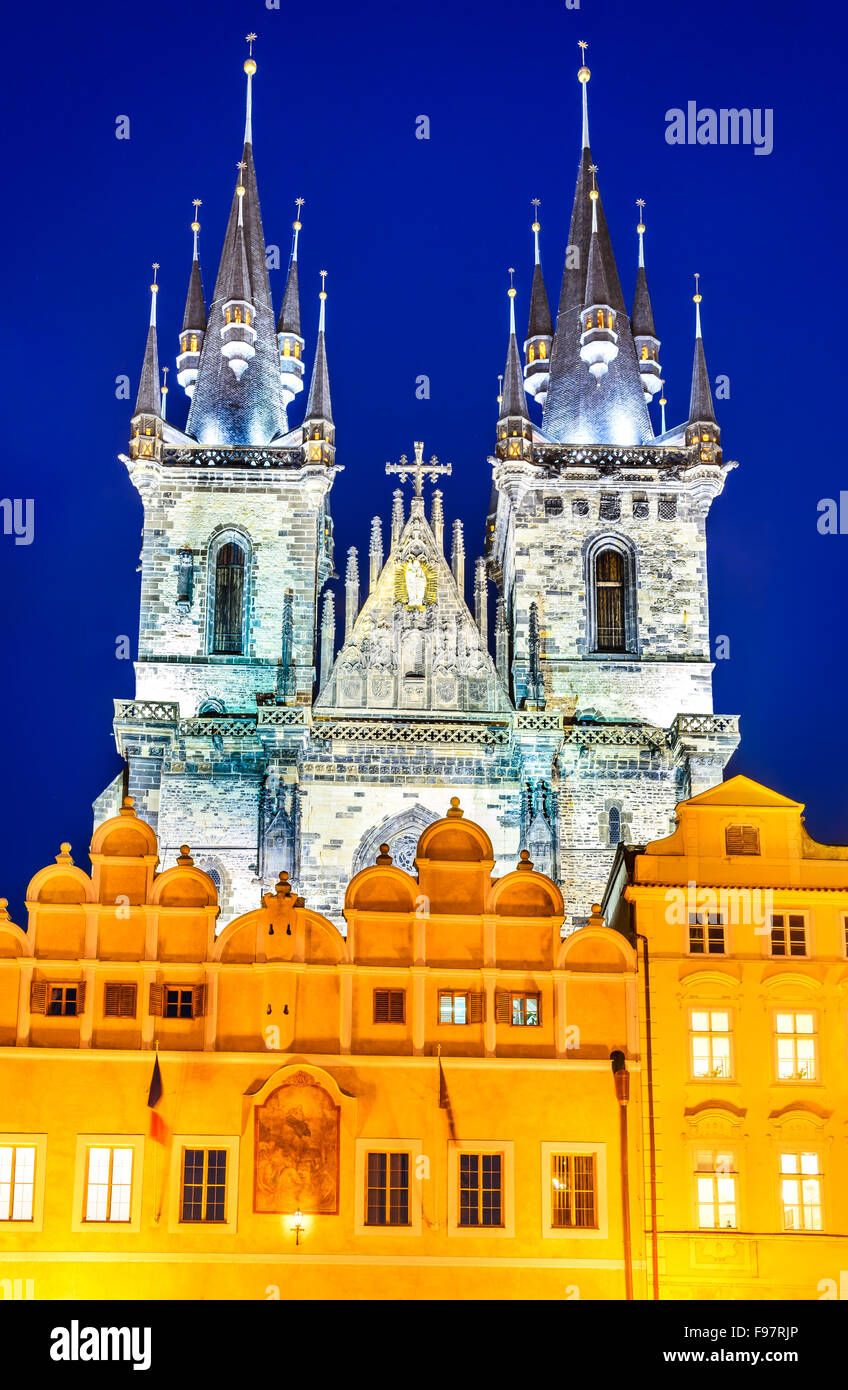 Prague, Czech Republic. One of Stare Mesto symbols, Church of Our Lady of Tyn, with gothic facade and 80 meters towers, Bohemia Stock Photo