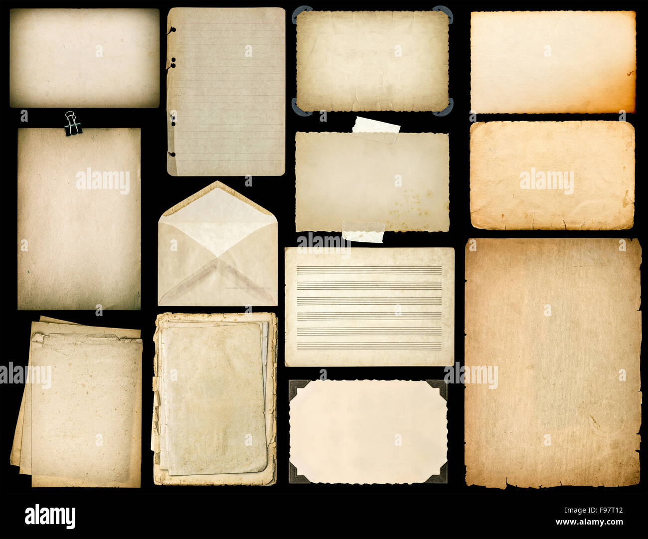 Old paper sheets with edges. Vintage book pages, cardboards, music