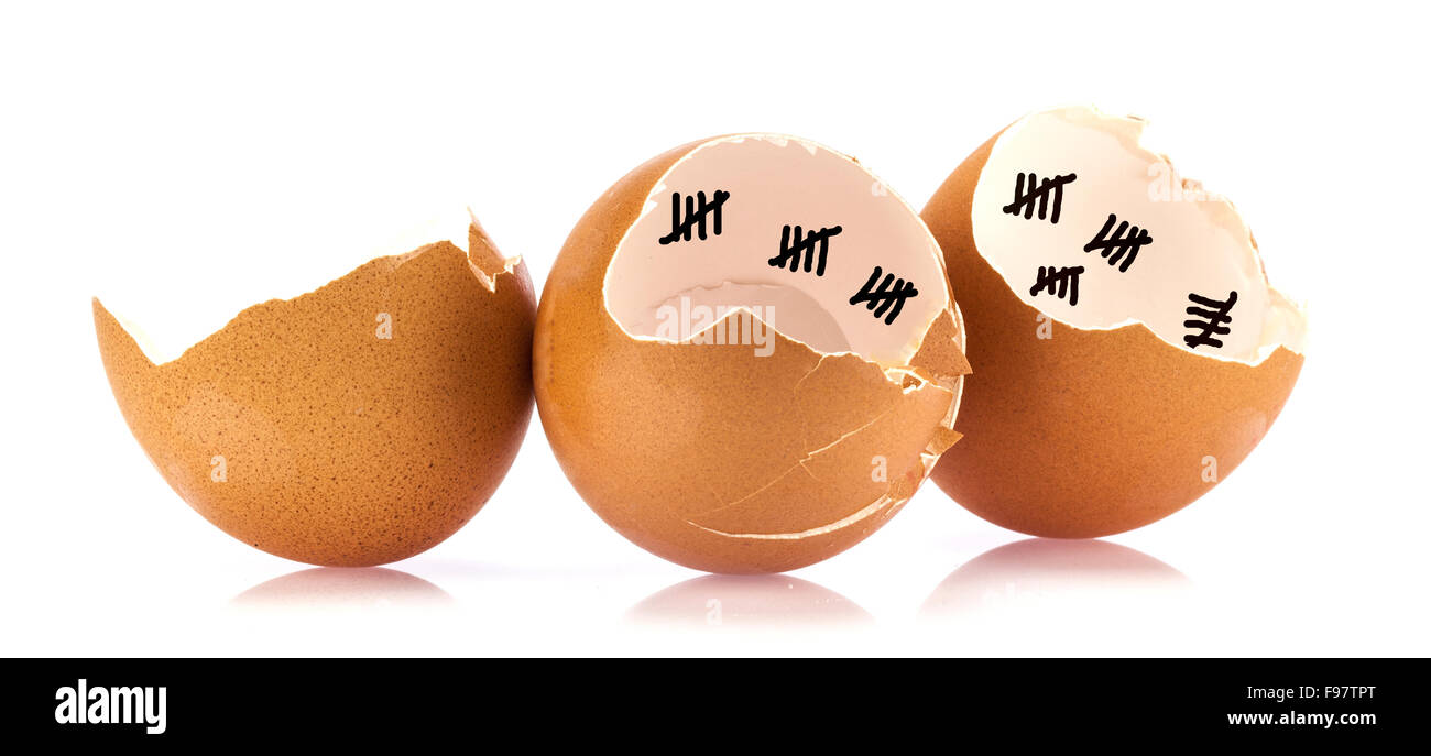 Egg shells with count down marks on white background Stock Photo
