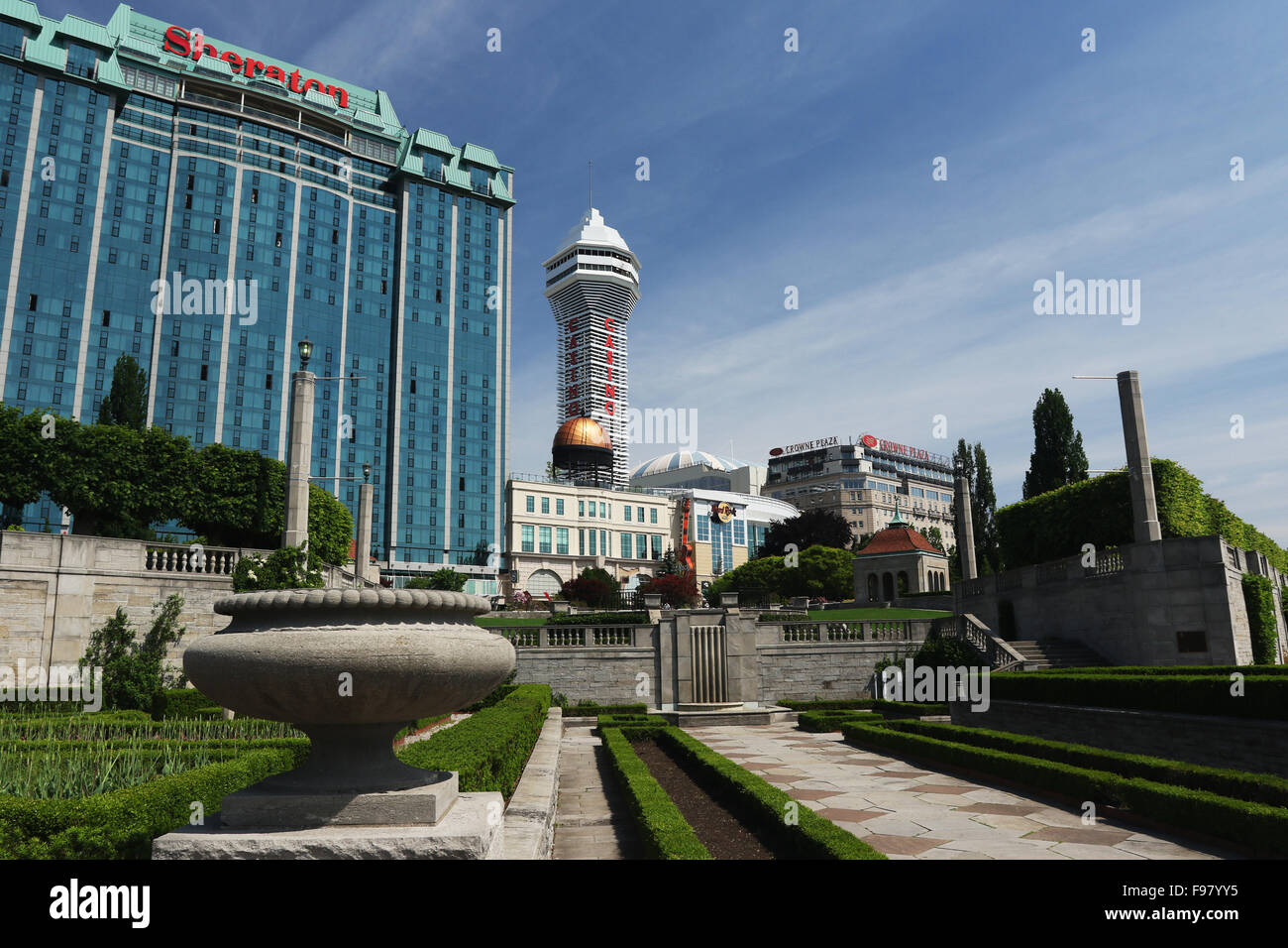 Oakes Garden Theater with Sheraton On The Falls Hotel and Niagara Casino and Hard Rock Cafe and Crowne Plaza. Clifton Hill, Niag Stock Photo