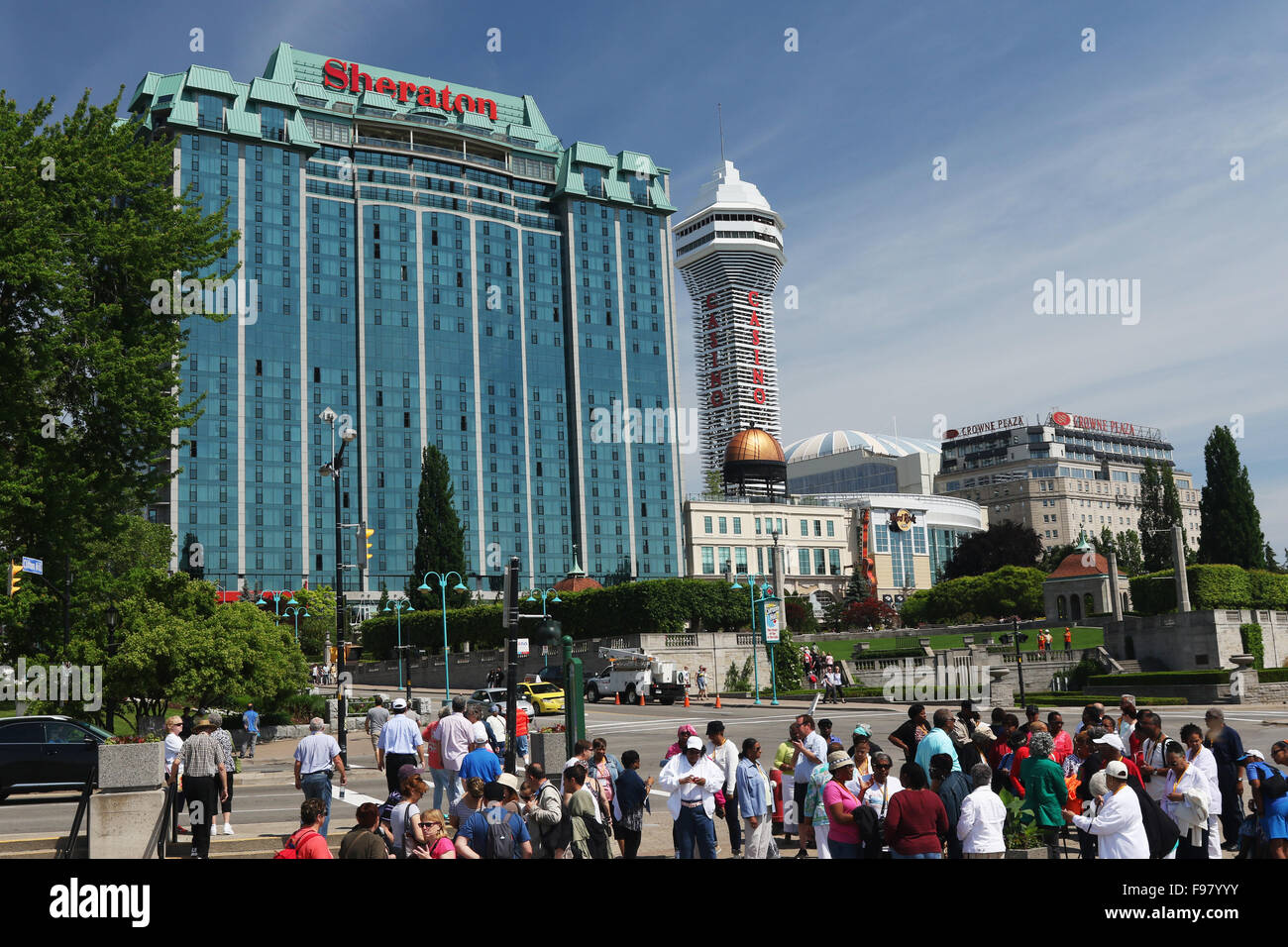 Oakes Garden Theater with Sheraton On The Falls Hotel and Niagara Casino and Hard Rock Cafe and Crowne Plaza. Clifton Hill, Niag Stock Photo