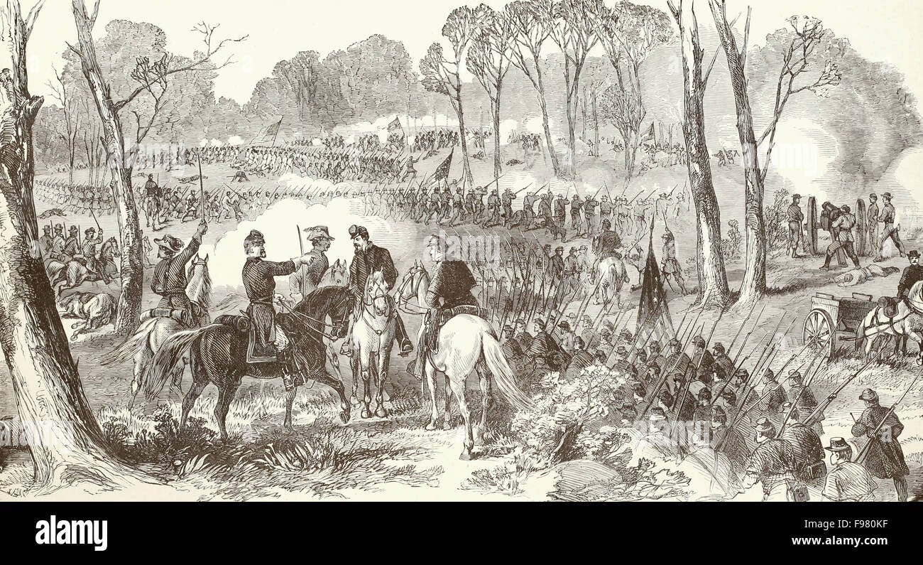 Battle of Pea Ridge, Arkansas, Fought March 6th, 7th and 8th, 1862 between the Federal forces 13,000 strong, under Generals Curtis, Sigel and Asboth and the combined Confederate Army of the Southwest, 25,000 Strong, under General Van Dorn and McCulloch - Total defeat of the Confederates - USA Civil War Stock Photo