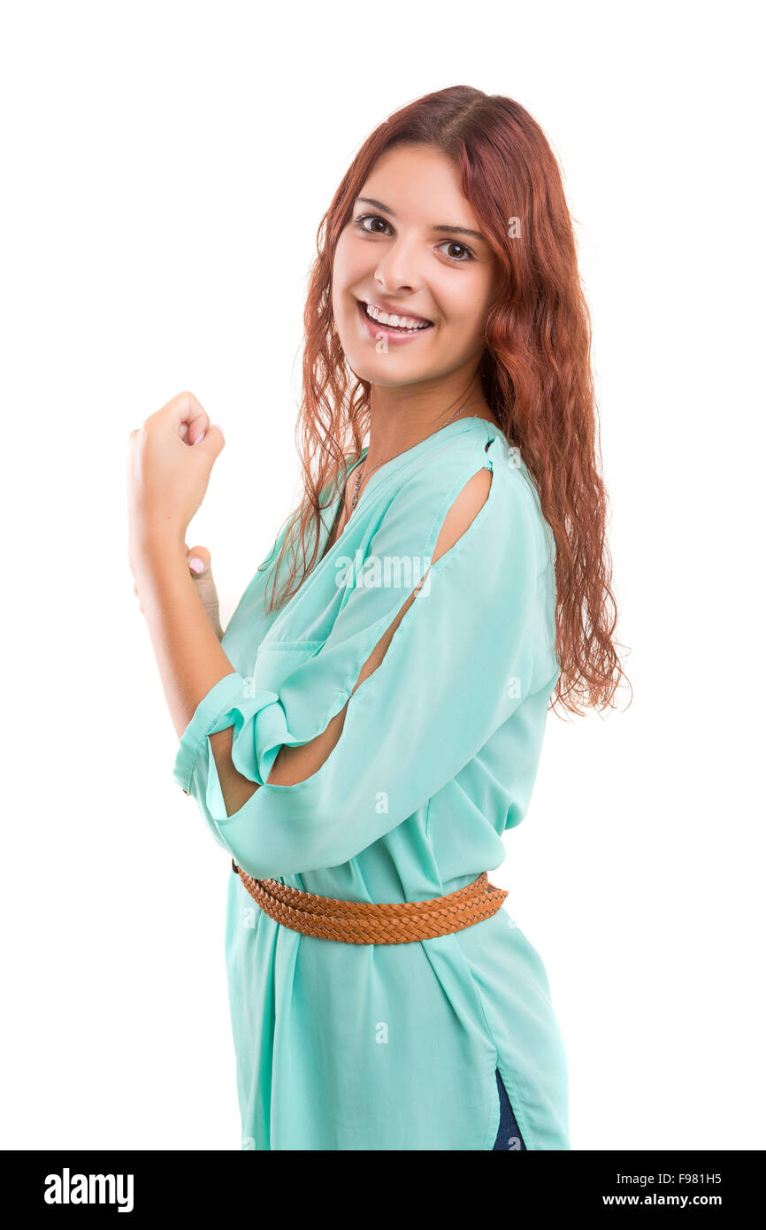 Studio shot Happy woman with raised arms Stock Photo - Alamy