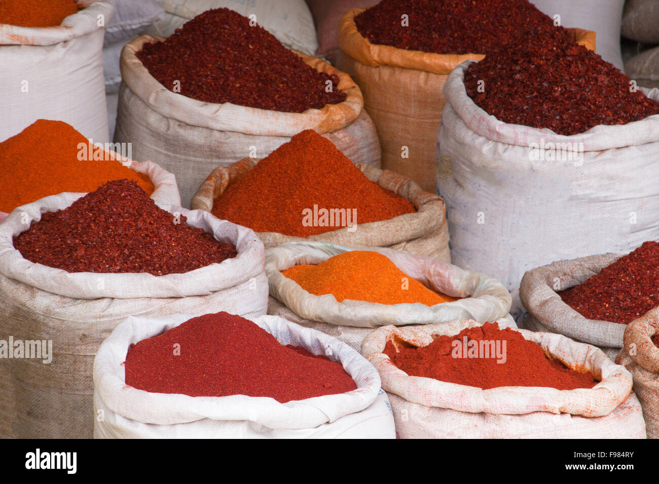 Bags full of spices on a market Stock Photo Alamy