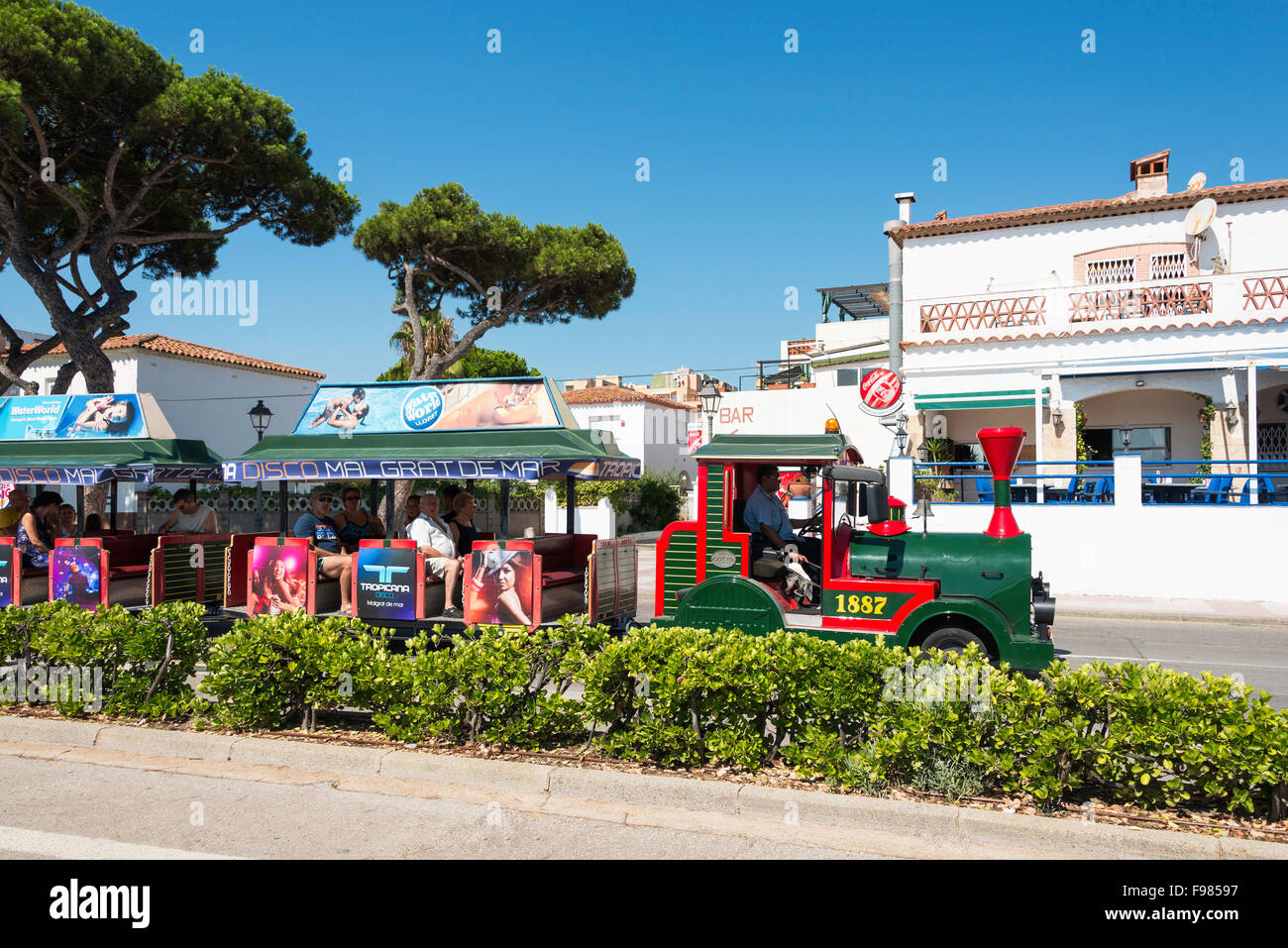 Electric tourist train, Passeig s'Abanell, Blanes, Costa Brava, Province of Girona, Catalonia, Spain Stock Photo